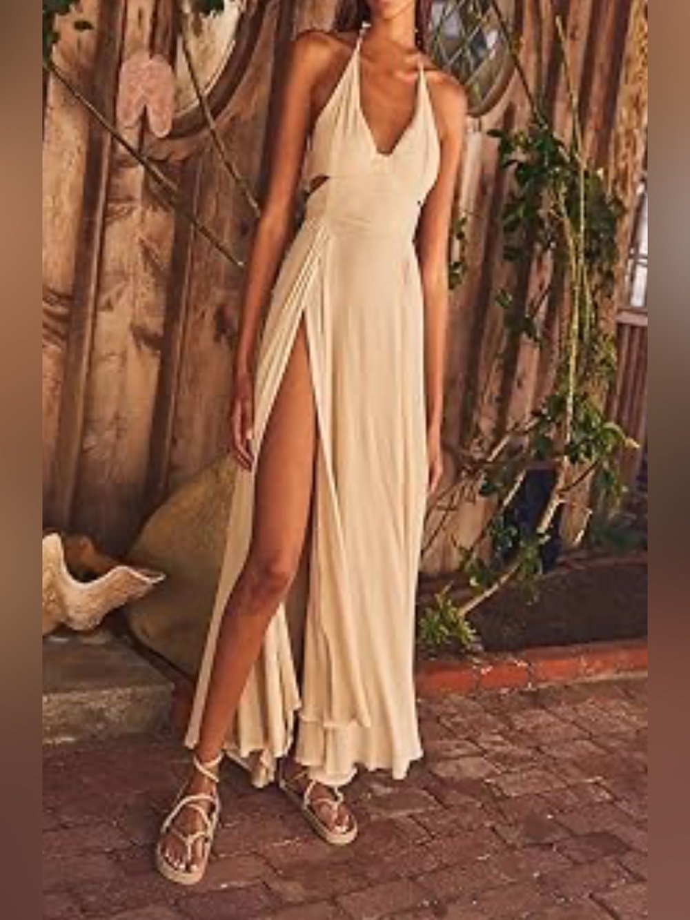 Free People RARE Champaign Lillie Halter Maxi Dress with High Slits.